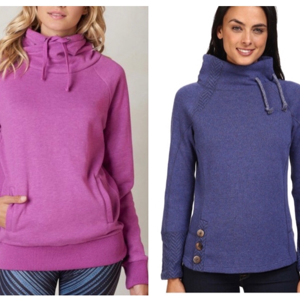 TWO Prana sweaters in XS - Lucia Wool, Blue Belle + Gotu Pullover, True Orchid